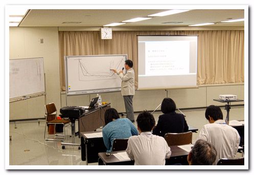講演研修の様子：落ち込み曲線でうつの状態を説明